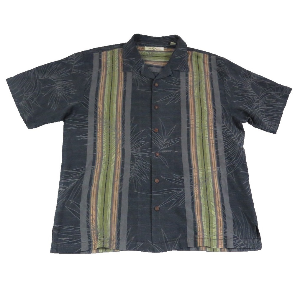 Tommy Bahama Silk Camp Shirt XL‎ Gray Green Palm Stripe Hawaiian Button Front